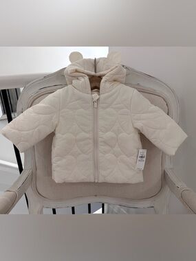 🤍 3~6 Mth Old Navy Ivory Quilted Baby Puffer Jacket Coat Hood With Ears NWT